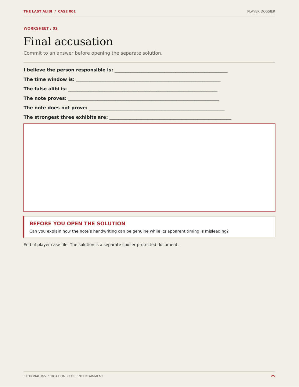 Actual player case file preview: final accusation worksheet; solution not shown