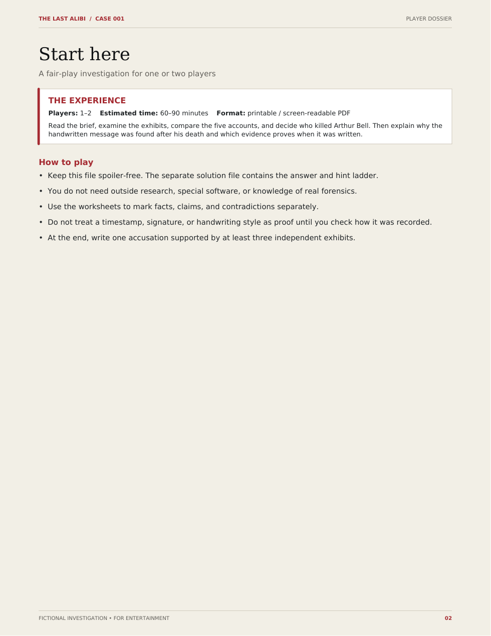 Actual player case file preview: how to play, 1–2 players, 60–90 minutes
