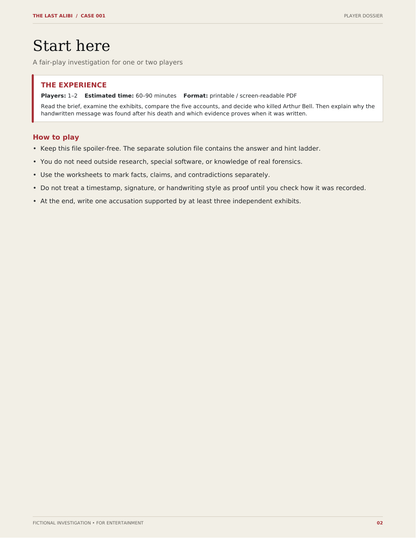 Actual player case file preview: how to play, 1–2 players, 60–90 minutes