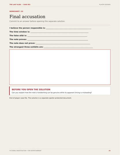 Actual player case file preview: final accusation worksheet; solution not shown