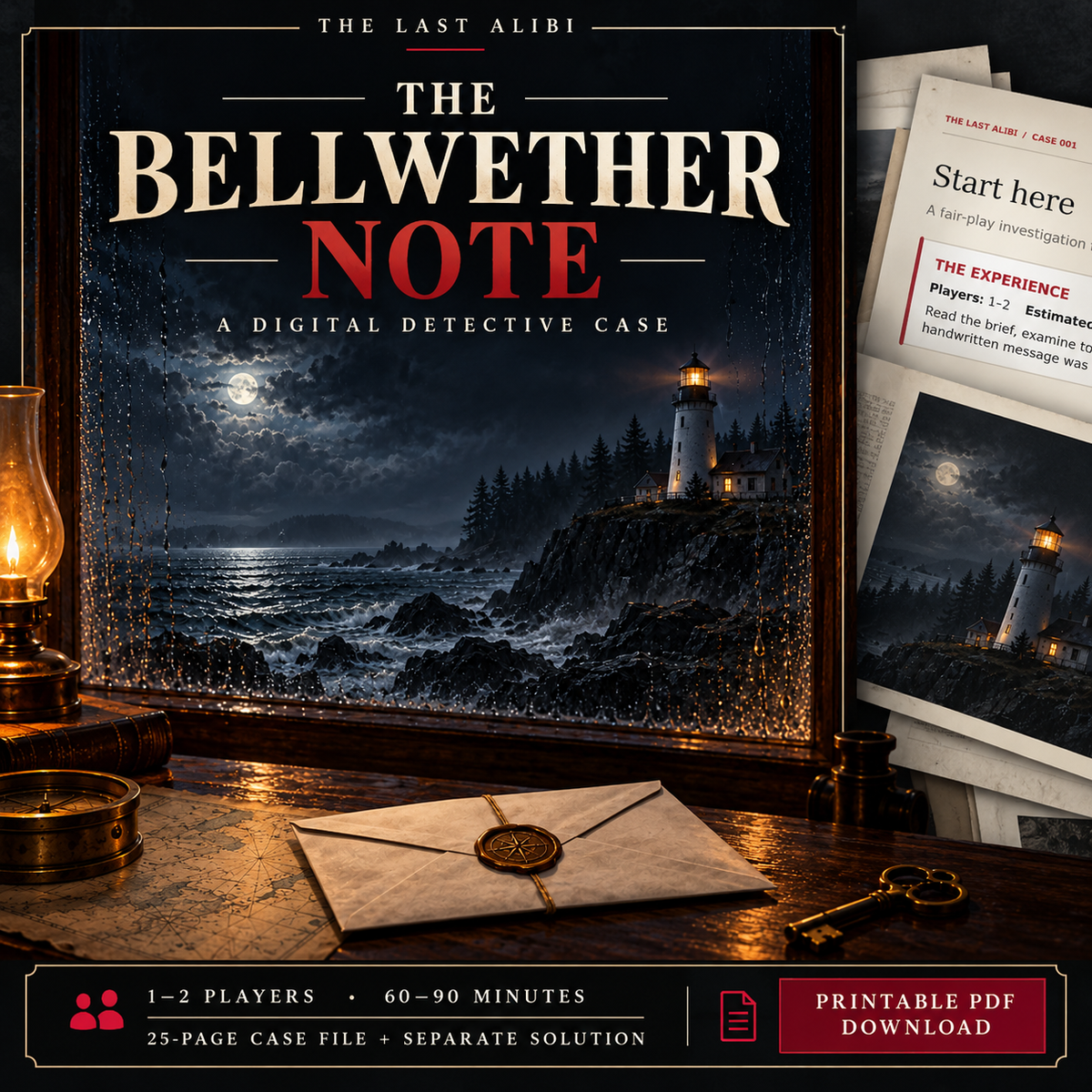 The Bellwether Note printable detective game PDF cover, for 1–2 players and 60–90 minutes, with a 25-page case file and separate solution