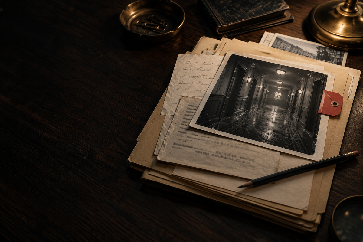 A cinematic fictional detective case file with an evidence photograph and handwritten notes on a dark desk.