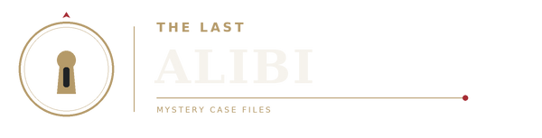THE LAST ALIBI wordmark in antique gold and ivory with a keyhole seal